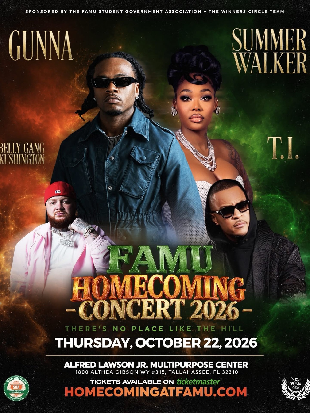 FAMU Homecoming Concert 2026 official flyer — Gunna, Summer Walker, T.I., Belly Gang Kushington. Thursday, October 22, 2026.