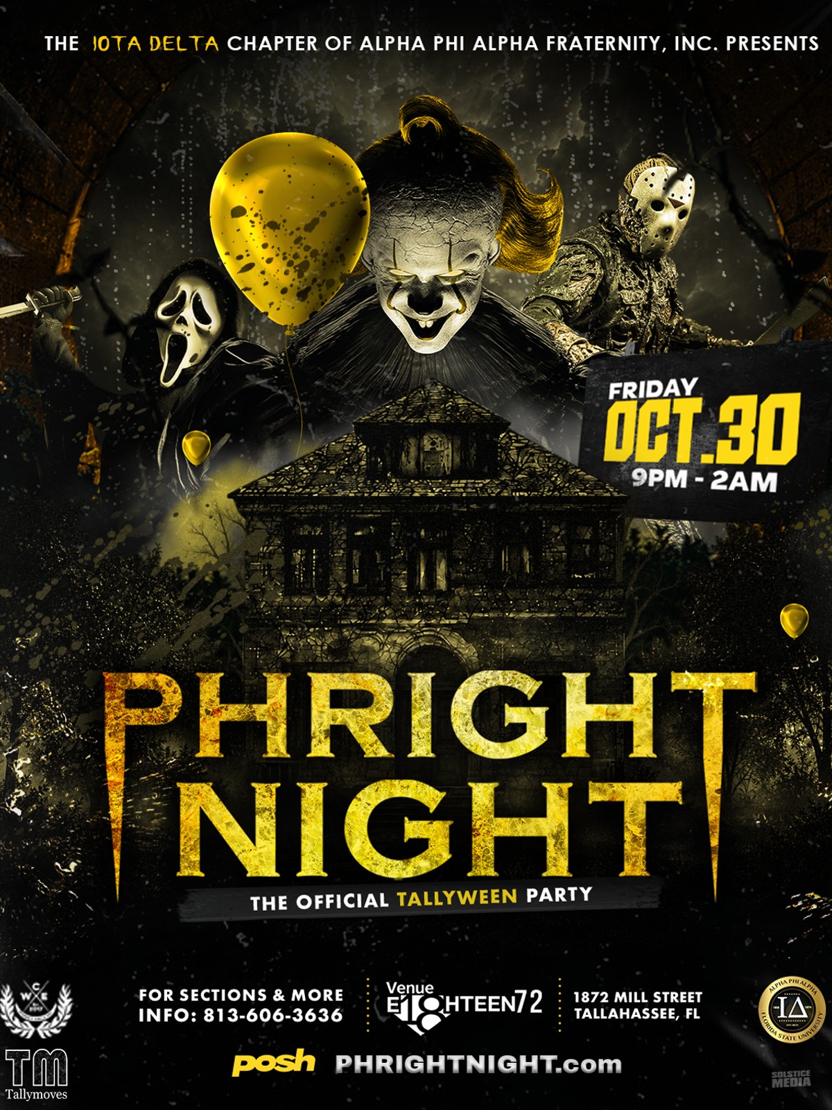 Phright Night official flyer — Friday, October 30, 2026, 9PM to 2AM, Venue 1872, Tallahassee.